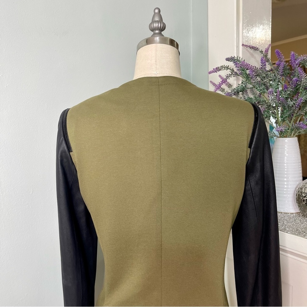 Theory Yaisa Pryor Leather Sleeve Blazer Jacket Olive Green & Black Large - Picture 10 of 16